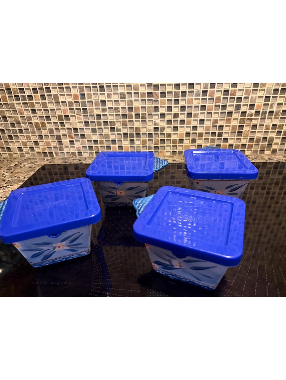 Four Temp-tations by Tara Old World square ceramic dishes with lids.10oz.